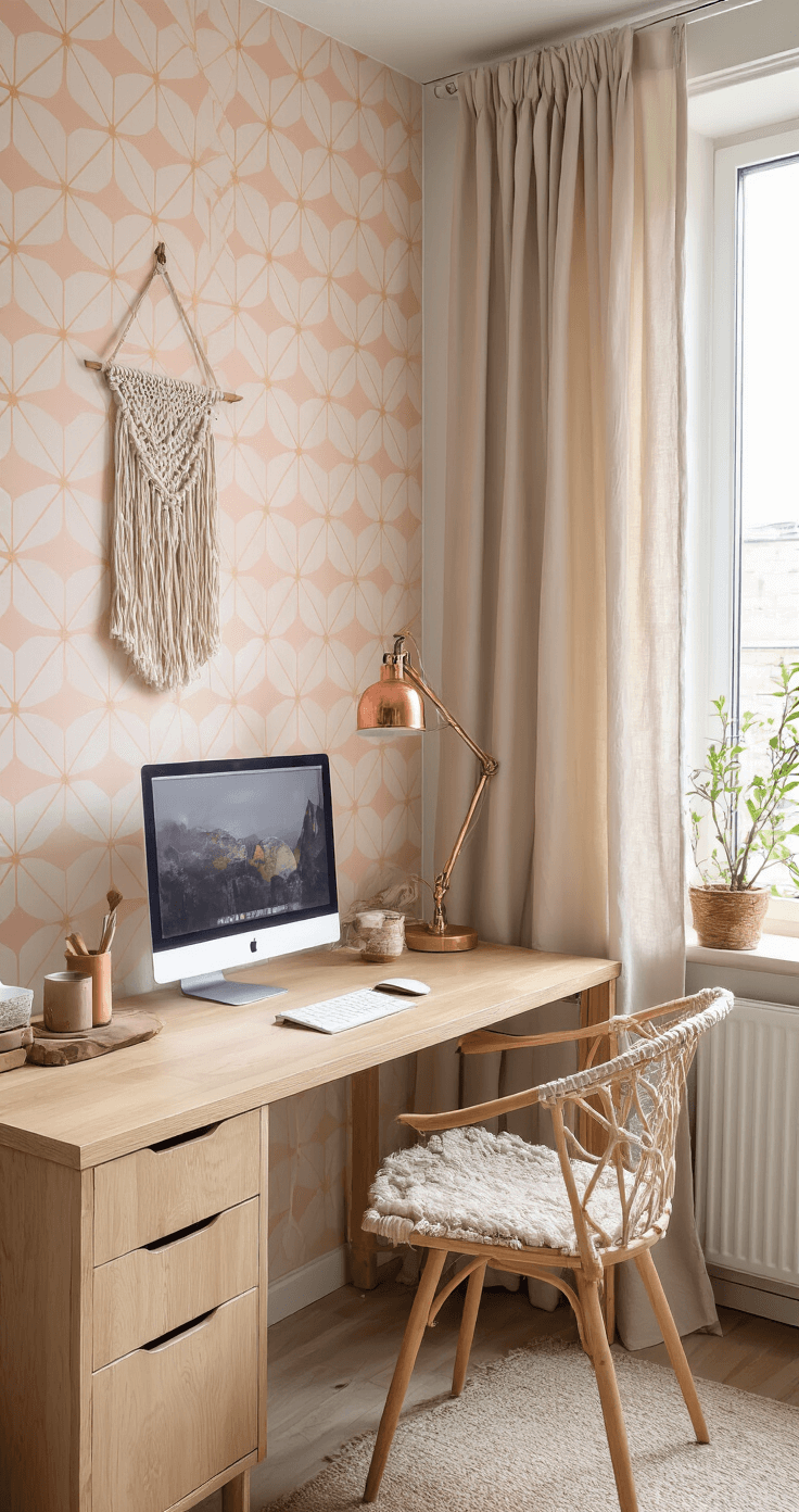 Compacte thuiswerkplek met geometrisch behang in zachtroze en koper, Scandinavisch bureau van licht eiken met koperen accessoires, gefilterd licht door linnen gordijnen, macramé wandhanger en vintage posterkunst, close-up shot vanuit bureauhoek met soft focus.
