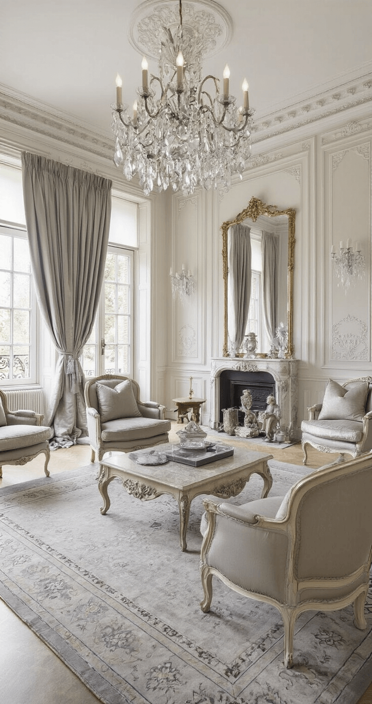 Klassieke woonkamer met damastbehang in parelmoer en zilver, verlicht door een kristallen kroonluchter. Franse fauteuils van zijdefluweel staan naast marmeren sidetables en omringen antieke spiegels en zilveren ornamenten. Dramatische belichting accentueert de texturen.