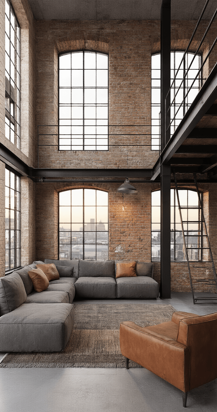 Moderne loft van 8x6 meter met industrieel steeneffect, warmgrijs behang, zonsondergang door grote industriële ramen, antraciet modulaire loungebank, roestbruin leren accentstoelen, zwart stalen trap en vintage tapijt, vastgelegd in breedhoek perspectief.