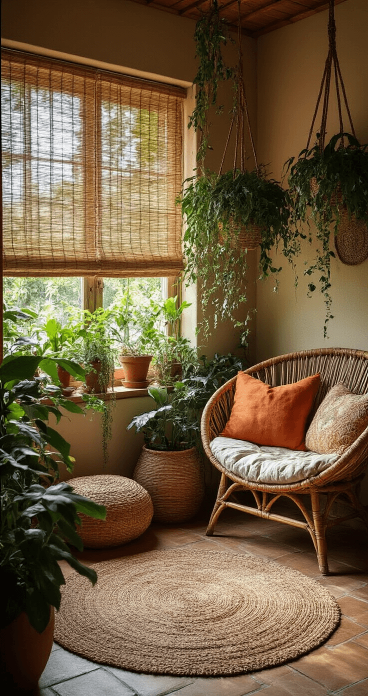 Gezellige bohemien leeshoek met tropisch bloembehang in terracotta en jade, verlicht door namiddaglicht, met een rotan hangstoel, vintage fluwelen poef, hangende planten en geweven manden, gezien vanaf vloerniveau.