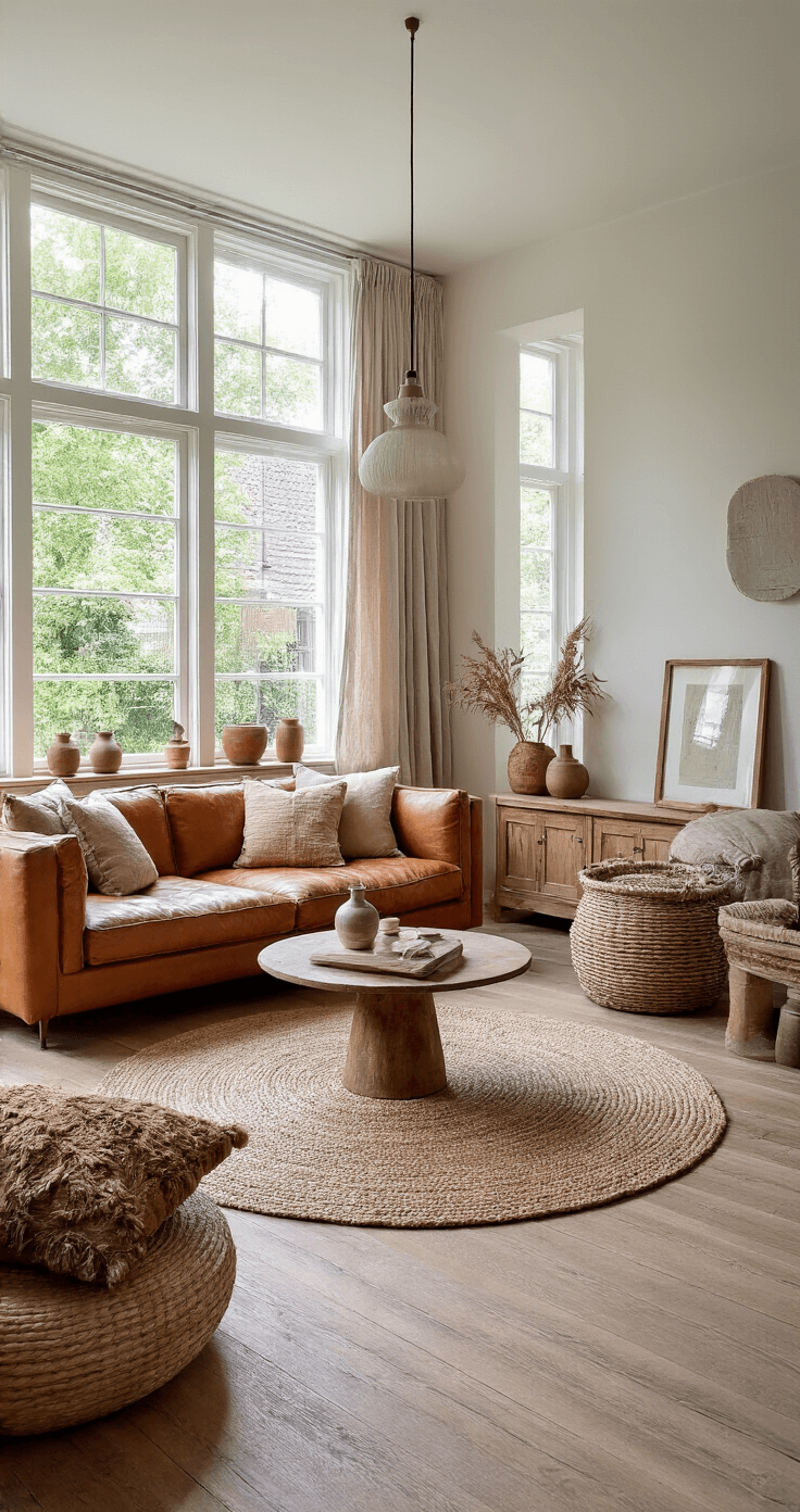 Ruime, lichte woonkamer met hoge ramen, eikenhouten vloer, cognackleurige leren bank en aardetinten kussens. Rond juten vloerkleed met robuuste houten salontafel, keramieken vazen en vintage koperen objecten als decoratie, verlicht door ochtendzon en zachte spots. Sfeer is warm en uitnodigend.