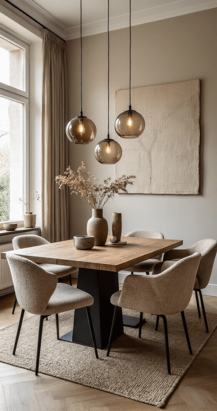 Intieme eetkamer met robuuste houten eettafel en bouclé stoelen in zandtinten, sfeervol verlicht door hanglampen van gerookt glas. Marmeren bijzettafel met gestileerde vaas en droogbloemen, tekstuurrijke muurkunst en avondzon die door de ramen schijnt.