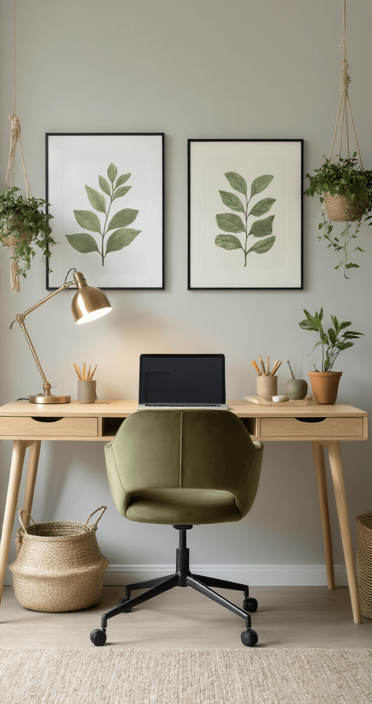 Moderne thuiswerkplek met een minimalistisch eiken bureau tegen een lichtgrijze muur, een olijfgroen velours ergonomische stoel, een messing bureaulamp, keramieken potjes voor kantoorartikelen, botanische prints in zwarte lijsten, hangende planten voor levendigheid, en een geweven mand met textiel.