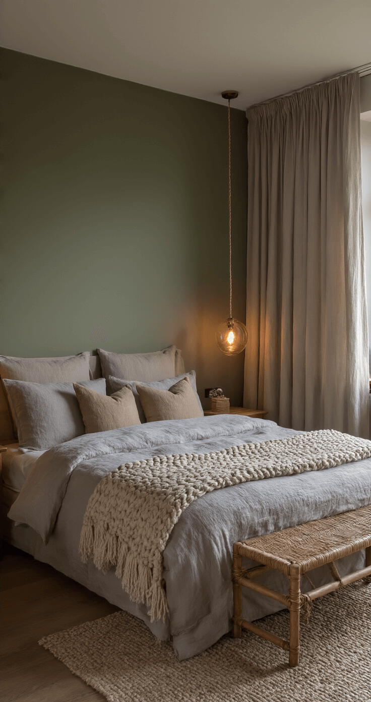 Knusse slaapkamer in de avondschemering met een box-spring bed, linnen beddengoed in grijstinten, en een chunky gebreide plaid. Natuurstenen nachtkastjes met mondgeblazen glazen lampen, een rotan hoofdbord tegen een zachtgroene muur, velours gordijnen en een handgeknoopt tapijt. Warm, dimbaar licht creëert een rustige en luxueuze sfeer.