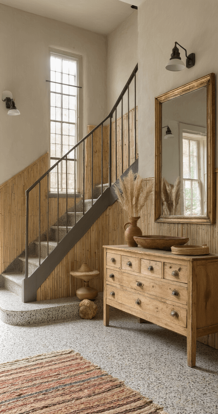 Ruime hal met terrazzo vloer, bamboe wandbekleding en grote spiegel met messing frame. Vintage houten console met keramieken schalen en gedroogde pampasgrassen. Handgeweven runner in aardtinten en klassieke wandlampen. Centraal perspectief richting karakteristieke trap, verlicht door natuurlijk strijklicht.