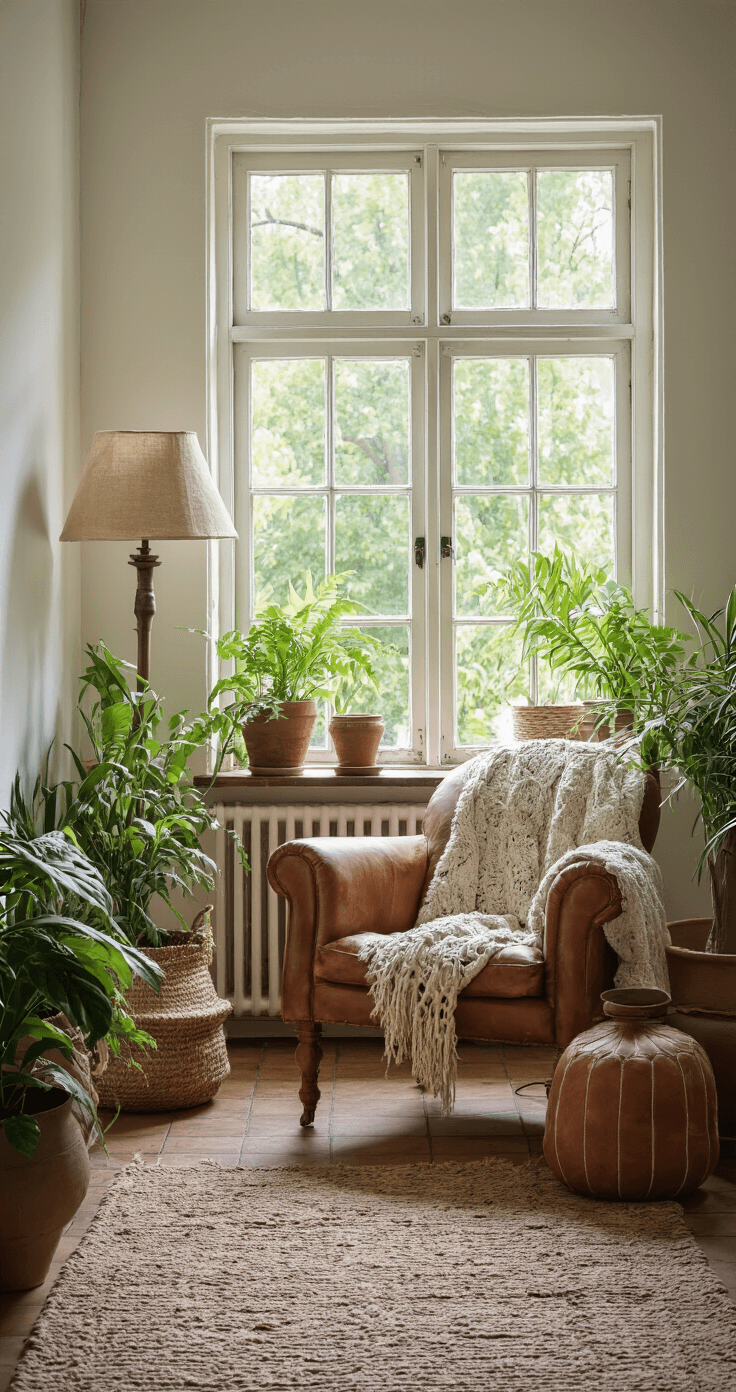 Intime leeshoek bij groot raam met vintage leren fauteuil, handgeweven wollen poef, staande lamp, zwevende boekenplanken, gelaagde vloerkleden en keramieken plantenpotten met varens, vastgelegd in zacht middaglicht.
