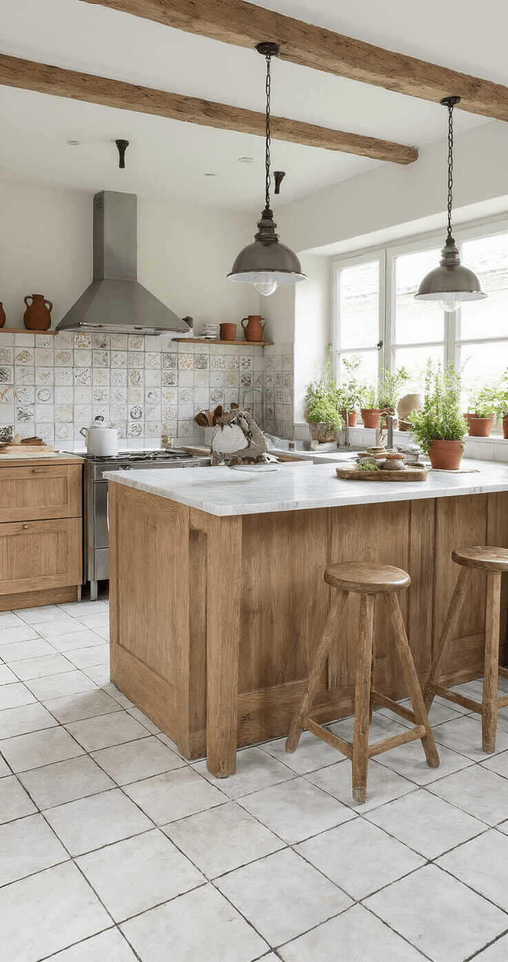 Open keuken met kookeiland, marmeren werkblad en eiken fronten, verlicht door industriële hanglampen. Handgemaakte tegels op de achterwand, keramieke kruiken en terracotta potten met verse kruiden. Drie-kwart bovenaanzicht in natuurlijk licht met spotverlichting. Culinair en levendig.