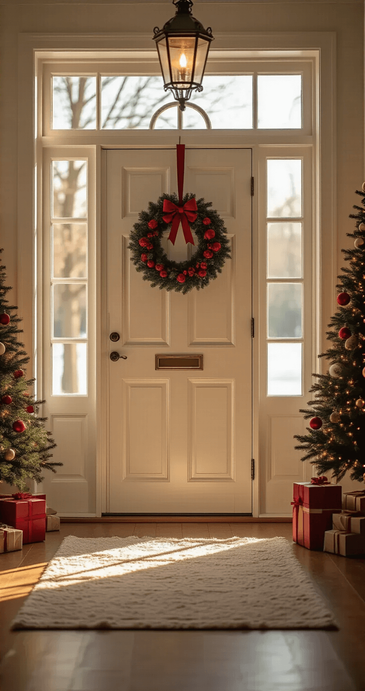 Ruime hal met klassieke witte paneeldeur en traditionele kerstkrans met rode linten, verlicht door middaglicht dat valt op een antieke houten consoletafel. De kranshanger is elegant afgewerkt met groen fluwelen lint. Dramatisch perspectief vanuit een lage hoek met zachte bokeh.