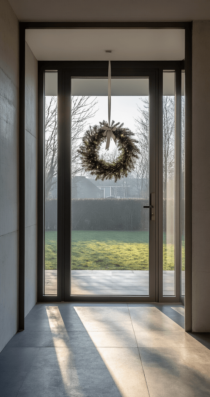 Moderne entree met glazen voordeur en minimalistische kerstkrans met witte decoraties, verlicht door koel noorderlicht; grijze natuurstenen vloer en betonlook zijwanden, gefotografeerd met een 50mm lens.