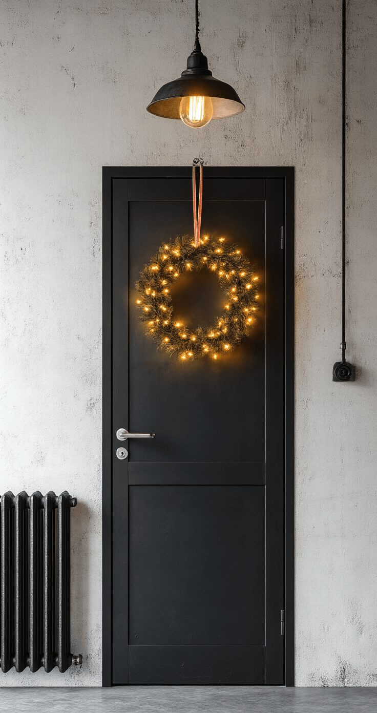 Industriële loft-entree met zwarte stalen deur en moderne kerstkrans met LED-verlichting, betonnen wanden, vintage radiator en industriële hanglampen, gefotografeerd vanaf een trapopgang met een dramatische belichting.