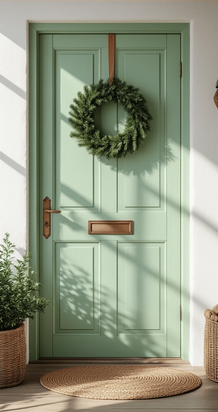 Landelijke entree met mint-groene deur en kerstkrans aan koperen deurklopper, omgeven door whitewashed muren en een rieten mand, op oude houten vloerplanken. De ochtendzon werpt lange schaduwen door het raam, vastgelegd met een speelse compositie.