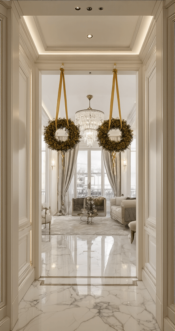 Luxe entree van appartement met hoge dubbele crèmewitte deuren, identieke kransen met gouden linten, marmeren vloer, kristallen wandlampen en grote spiegel in een glamoureuze sfeer.