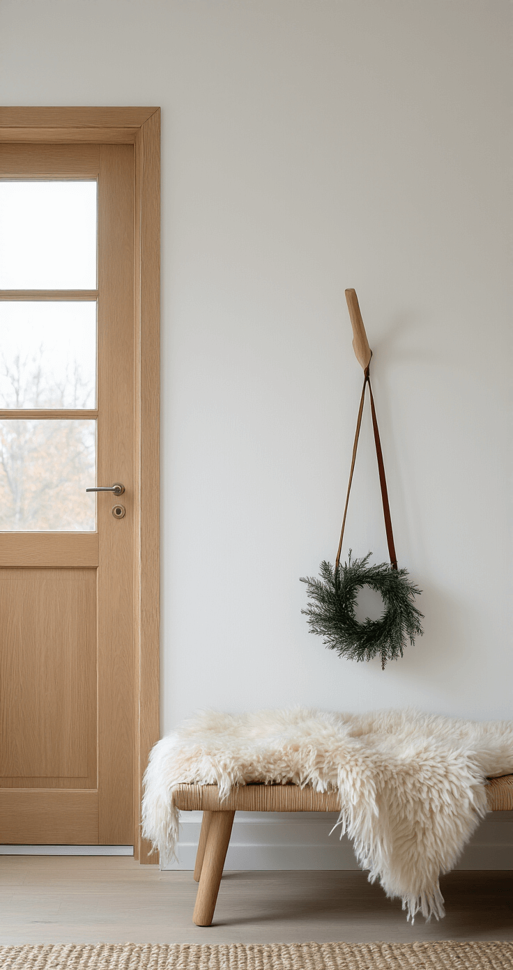 Scandinavische hal met lichte houten deur en minimalistische dennenkrans aan een leren riem, witte wanden, berken kapstok, schapenvel op een bankje, zacht indirect daglicht door matglas, intieme sfeer met nadruk op natuurlijke materialen.