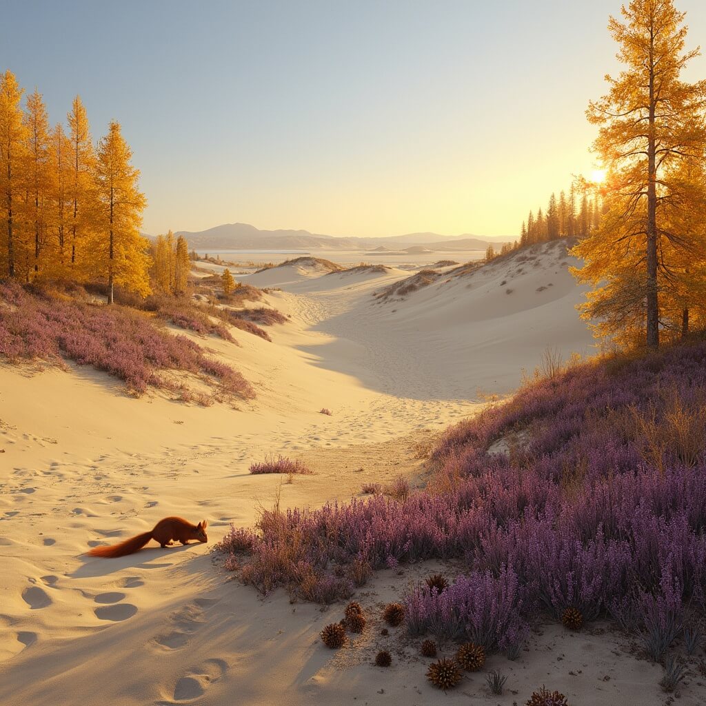 Aekingerzand area at sunrise with sandy dunes, vibrant yellow larch trees, long shadows, a red squirrel foraging among pine cones, and patches of purple heather transitioning to brown.