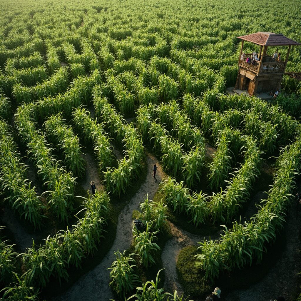 An aerial view of a complex corn maze, with towering green stalks and winding pathways; a rustic wooden observation tower is visible at one corner, while small groups of visitors explore the maze under natural afternoon sunlight that casts dramatic shadows.