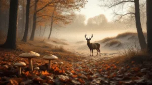 A misty autumn morning landscape in the Amsterdam Water Dunes, featuring golden-brown leaves, towering dunes, mysterious mushrooms on the forest floor, and a majestic male deer partially obscured by fog, with soft morning light filtering through bare branches.