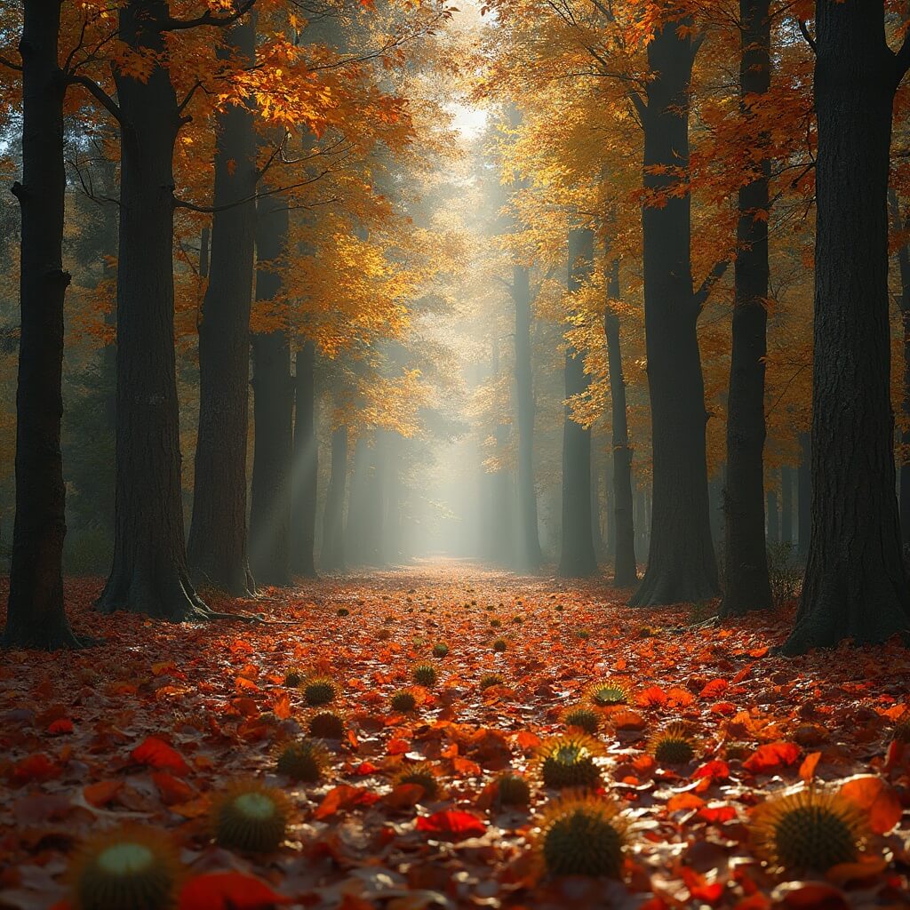 A beautiful forest path lined with ancient chestnut trees in vibrant autumn colors, with spiky green chestnut shells and red and golden leaves covering the ground, while sunlight creates dappled shadows.