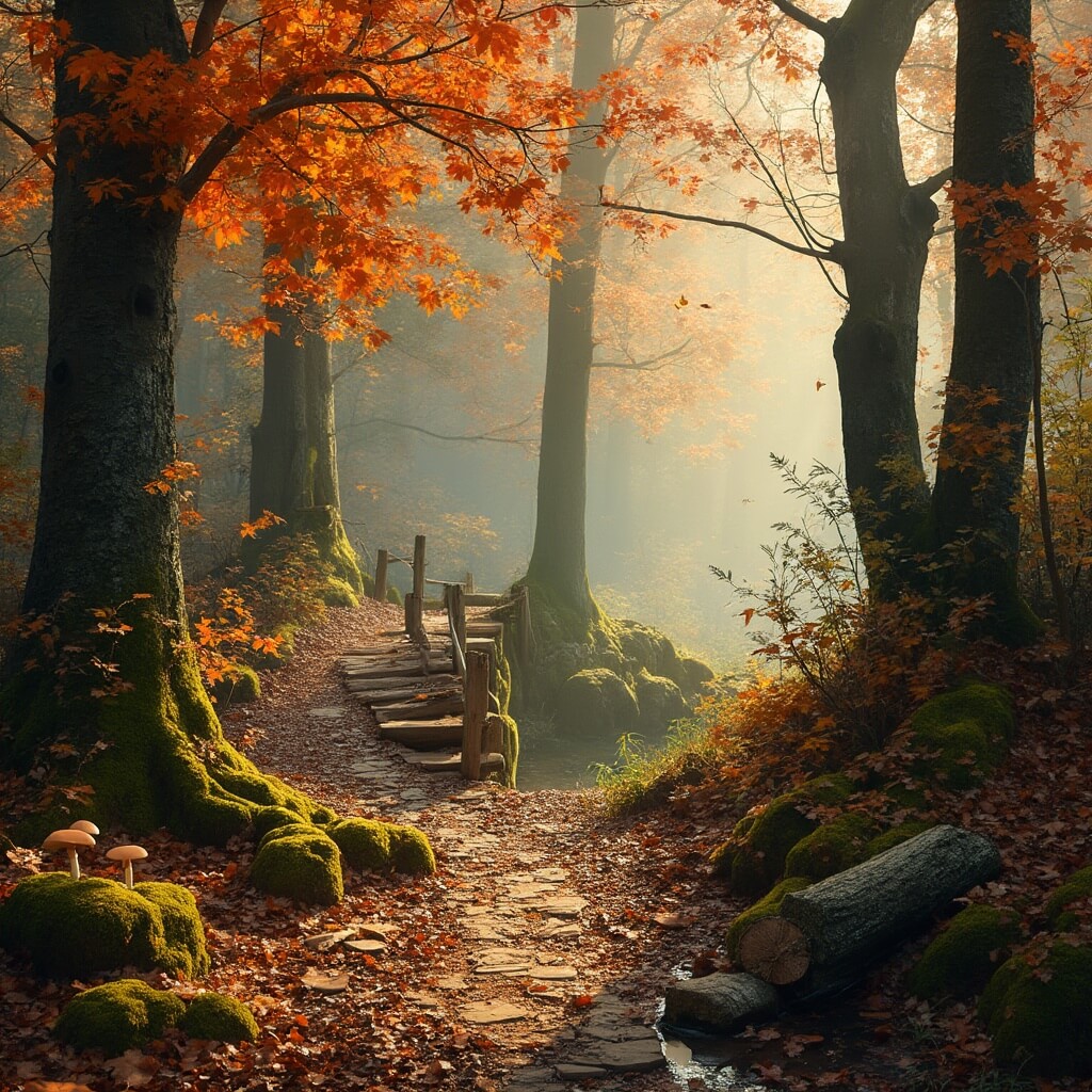 A whimsical autumn forest path in Nijmegen, featuring towering trees with vibrant fall colors, a winding dirt trail covered in golden and red leaves, small wooden bridges over shallow streams, moss-covered logs, wild mushrooms, and scattered pinecones, all enveloped in a soft misty atmosphere with dappled sunlight filtering through the canopy.