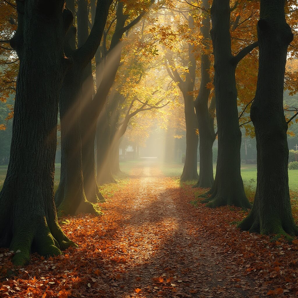 A tranquil autumn forest path at the Twickel estate, covered in fallen brown and orange leaves, with ancient beech trees arching overhead and mushrooms dotting the ground. Sunlight filters through the canopy, illuminating the path that curves into the distance, revealing a glimpse of traditional Dutch countryside.