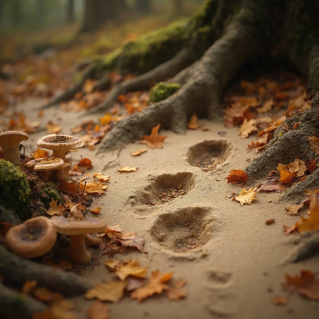 De Herfstwandeling die je Nooit Zal Vergeten: Ontdek de Magische Amsterdamse Waterleidingduinen! Natuurfotografie van de herfstbosbodem, gedetailleerde hertenvoeleden in zacht zand, verspreide gevallen bladeren in warme amber- en roestroodtinten, paddenstoelclusters bij boomwortels, zachte gedempte verlichting die subtiele schaduwen creëert, macro natuurtaferelen met rijke texturen.