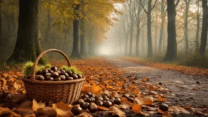 A misty autumn morning in Mastbos forest, with golden-brown leaves and scattered chestnuts, a vintage basket filled with freshly gathered chestnuts, towering trees, soft light filtering through the canopy, and split pods revealing glossy brown chestnuts.