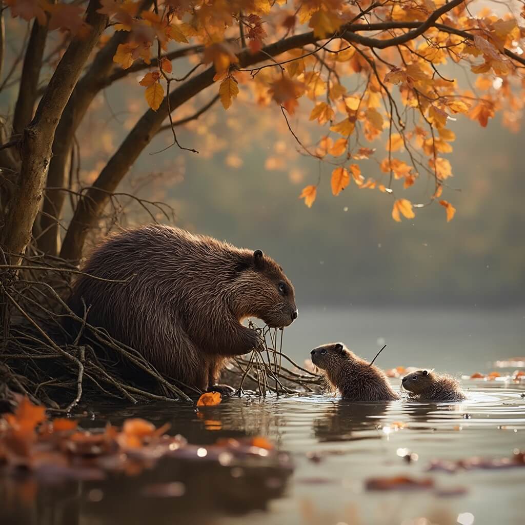 Close-up view of a beaver family at a waterside in Biesbosch during fall, featuring two adults gathering branches near their lodge and playful young beavers in the water, framed by overhanging branches with rust-colored leaves in warm golden evening light.