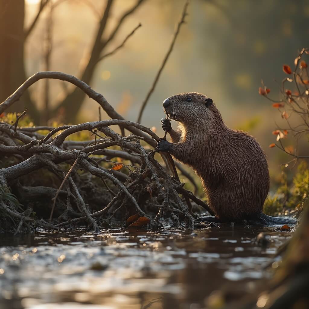 Close-up van een natuurtafereel met bevers die een dam bouwen in het ochtendlicht, ingewikkelde houten takconstructie bij de oever van een kreek, zachte focus achtergrond van Nederlandse wetlands, gedempte herfstkleuren, realistische natuurfotografie stijl, waterdruppels en zachte gouden zonnestralen die door de bomen filteren.