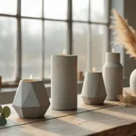 Cinematische opname van een moderne minimalistische woonkamer met betonnen kandelaarvormen op een ruwe houten tafel, zacht natuurlijk daglicht door industriële ramen, warme grijs- en neutrale tinten met gouden accenten en gedroogde eucalyptus.