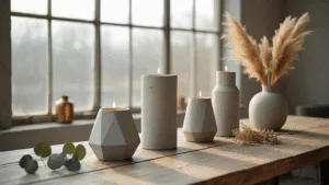 Cinematische opname van een moderne minimalistische woonkamer met betonnen kandelaarvormen op een ruwe houten tafel, zacht natuurlijk daglicht door industriële ramen, warme grijs- en neutrale tinten met gouden accenten en gedroogde eucalyptus.