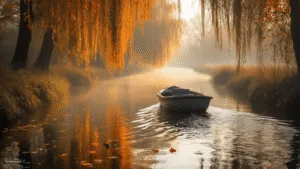 A serene autumn scene in Biesbosch National Park, Netherlands, featuring a small electric boat gliding through misty waterways, with golden sunlight illuminating orange and red leaves from willow trees, their reflections on the water's surface dotted with fallen leaves, subtle ripples indicating beaver activity, and a backdrop of fog-shrouded autumn forest.