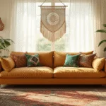 Een fotorealistische brede opname van een zonnige bohemien woonkamer met een grote okergele linnen bank en etnische kussens, verlicht door ochtendlicht dat door sheer witte gordijnen filtert. Een vintage Perzisch tapijt met een vervaagde patina, een macramé wandkleed, een rieten pauwenstoel, kamerplanten en houten meubels met handgemaakte keramiek en koperaccenten. Geçhiërd met jute poefen en geweven manden op een achtergrond van textuur in crèmekleurige muren en houten balken.
