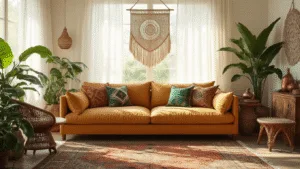 Een fotorealistische brede opname van een zonnige bohemien woonkamer met een grote okergele linnen bank en etnische kussens, verlicht door ochtendlicht dat door sheer witte gordijnen filtert. Een vintage Perzisch tapijt met een vervaagde patina, een macramé wandkleed, een rieten pauwenstoel, kamerplanten en houten meubels met handgemaakte keramiek en koperaccenten. Geçhiërd met jute poefen en geweven manden op een achtergrond van textuur in crèmekleurige muren en houten balken.