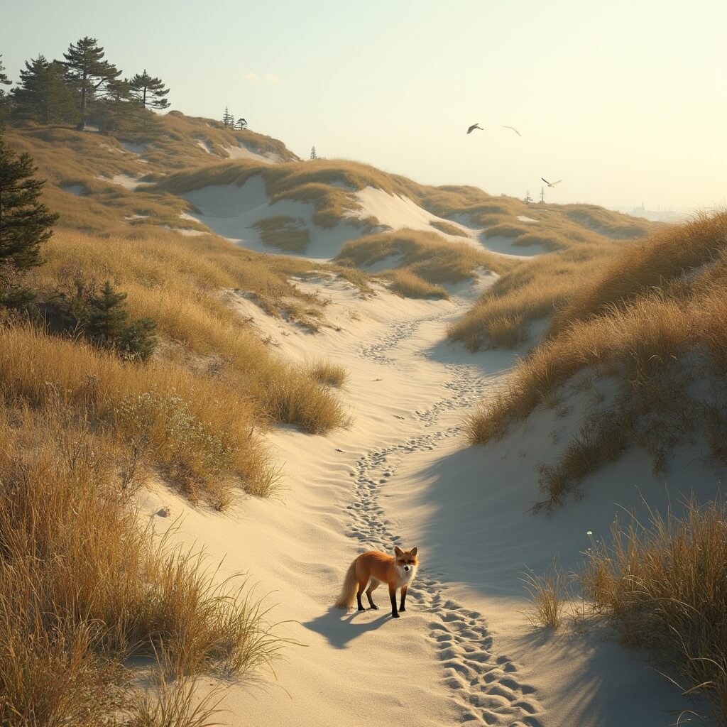 De Herfstwandeling die je Nooit Zal Vergeten: Ontdek de Magische Amsterdamse Waterleidingduinen! A winding sandy path through coastal dunes with autumn-colored vegetation, accompanied by a red fox peeking from tall grasses and water birds flying overhead, illuminated by golden hour sunlight.