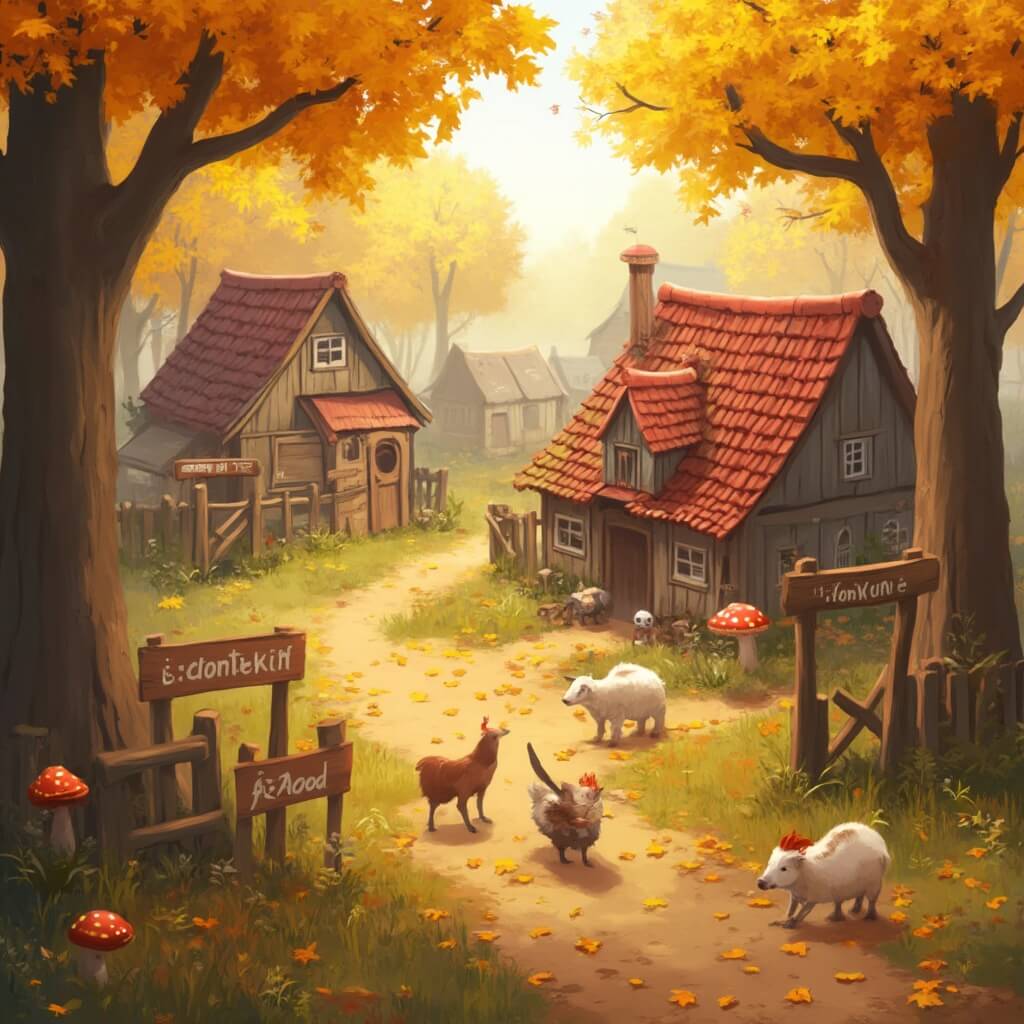 A cozy Dutch children's farm in autumn, featuring traditional buildings with red roofs, surrounded by golden-yellow trees and fallen leaves, with Chinese Silkie chickens, Kunekune pigs, and Merino sheep roaming freely, set in a warm, magical atmosphere.