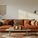 A cozy Dutch living room during golden hour, featuring a cognac leather sofa adorned with terracotta and beige velvet cushions, a vintage Persian rug in warm earth tones, and a solid oak coffee table styled with ceramic vases and fresh eucalyptus. The room is accented by rattan storage baskets, natural linen curtains filtering soft sunlight, and a dimmable brass floor lamp casting an ambient glow. The white plastered walls with subtle texture and herringbone wooden flooring enhance the warm atmosphere, complemented by a macramé wall hanging, stacked art books, and brass picture frames, all draped with handwoven wool throw blankets.