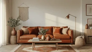 A cozy Dutch living room during golden hour, featuring a cognac leather sofa adorned with terracotta and beige velvet cushions, a vintage Persian rug in warm earth tones, and a solid oak coffee table styled with ceramic vases and fresh eucalyptus. The room is accented by rattan storage baskets, natural linen curtains filtering soft sunlight, and a dimmable brass floor lamp casting an ambient glow. The white plastered walls with subtle texture and herringbone wooden flooring enhance the warm atmosphere, complemented by a macramé wall hanging, stacked art books, and brass picture frames, all draped with handwoven wool throw blankets.