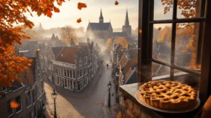 Aerial view of medieval Deventer in autumn, showcasing cobblestone streets covered in golden-red leaves, steep-roofed historic buildings, and Lebuïnuskerk in the background. In the foreground, a café window displays a freshly baked Dutch apple pie with steam rising, surrounded by falling leaves and traditional street lamps in warm morning light.