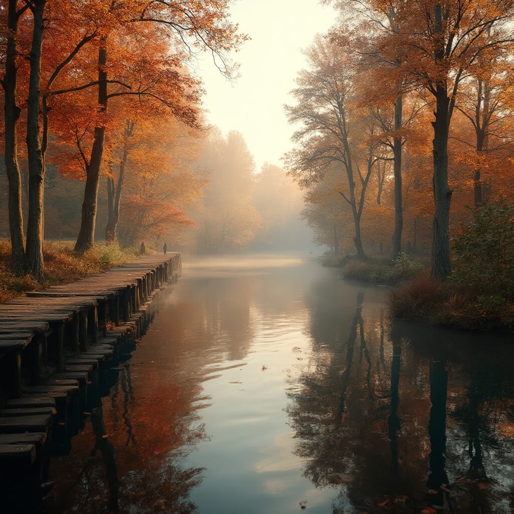 A tranquil Dutch woodland lake surrounded by tall beech trees adorned with vibrant fall colors, featuring a mirror-like water surface reflecting the autumn sky, a rustic wooden boardwalk extending into the water, bathed in golden hour lighting with rich orange and red foliage and a subtle mist hovering above the water.