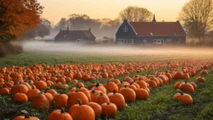 A scenic autumn landscape of a Dutch pumpkin farm in Andijk, North Holland, featuring rows of vibrant orange pumpkins at sunrise, traditional red-roofed farm buildings, and fall-colored trees, all enveloped in morning mist and warm golden light.
