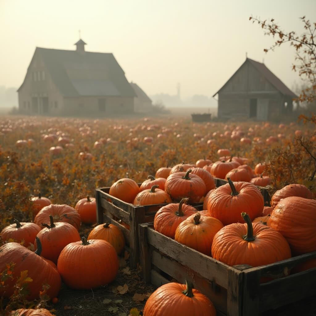 A serene Dutch farmland scene featuring expansive fields of orange pumpkins, early morning light casting long shadows, scattered wooden crates of heirloom pumpkins, weathered farm buildings in the distance, and a misty atmosphere with dew on pumpkin leaves.