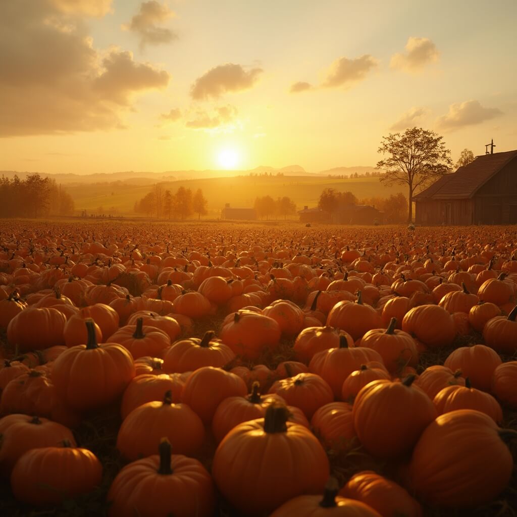 Rustieke Nederlandse pompoenboerderij tijdens het gouden uur, met warm oranje zonlicht dat de weelderige pompoenvelden beschenkt, op de achtergrond een traditionele Nederlandse boerderij in een glooiend landschap met rijke herfstkleuren.
