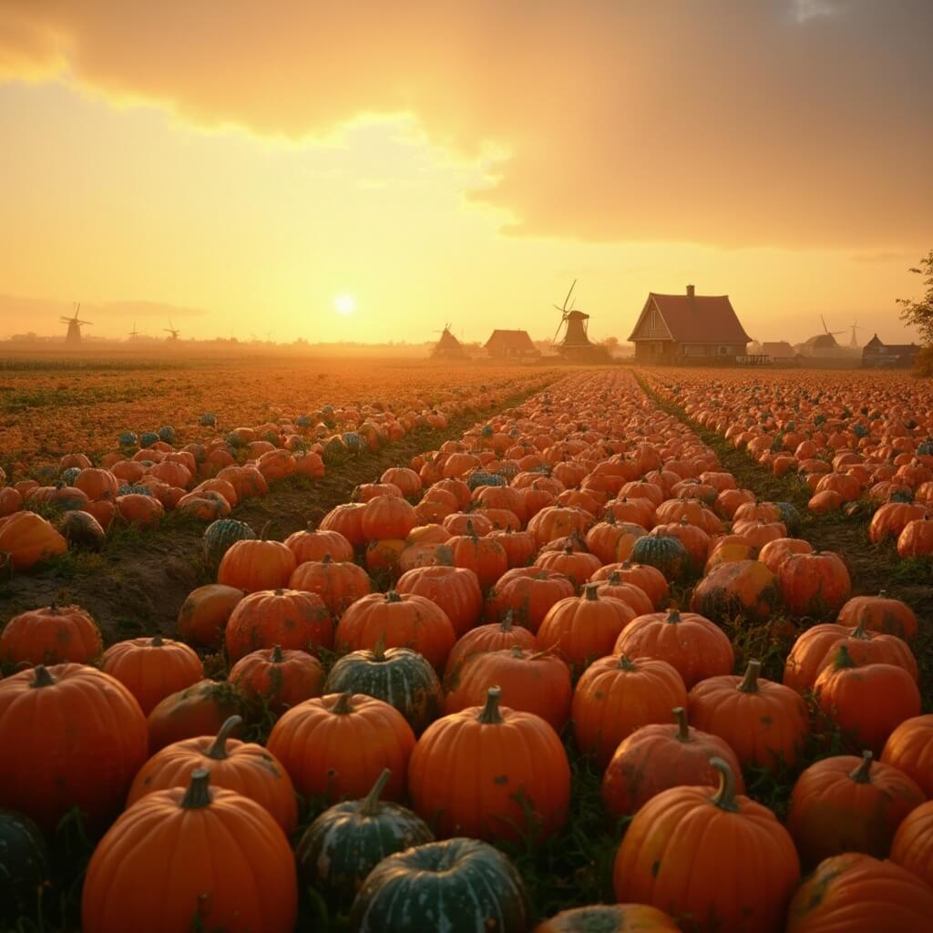 A picturesque Dutch pumpkin field at sunset, featuring vibrant orange, green, and multicolored pumpkins under warm autumn light, with dew drops glistening. Traditional farmhouses and windmills are visible in the background, amidst a patchwork of harvested fields.