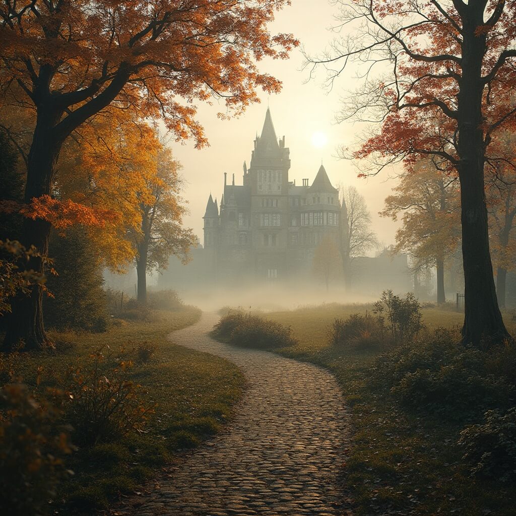 A misty autumn morning at a Dutch estate with a 14th-century castle surrounded by colorful fall foliage, featuring a cobblestone path through landscaped gardens and distant black and white shuttered farmhouses, all bathed in the golden light of sunrise.