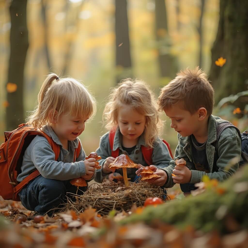 Een kleine groep nieuwsgierige kinderen verkent een herfstbos in het Nederlandse platteland, met close-ups van de kinderen die paddenstoelen en een vogelnest bestuderen. De zachte warme herfstkleuren en het natuurlijke licht dat door het boomkruid filtert, benadrukken de uitdrukkingen van verwondering en ontdekking op hun gezichten.