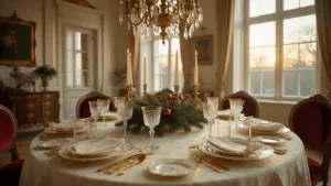 A luxurious Dutch dining room set for Christmas with an oak table draped in a cream damask cloth, adorned with classical white porcelain, golden cutlery, and crystal glasses. The setting features tall copper candleholders, pine branches with red baubles, and velvet chairs, all illuminated by warm golden hour light streaming through high windows, creating a dramatic and elegant atmosphere.