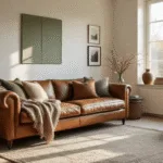 A cozy Dutch interior bathed in warm golden hour light, showcasing a vintage leather sofa with layered earth-tone blankets and cushions, a minimalist sage green accent wall, and an intimate reading nook with a weathered armchair and stacked books, all enhanced by scattered natural decor and dust particles dancing in sunbeams.