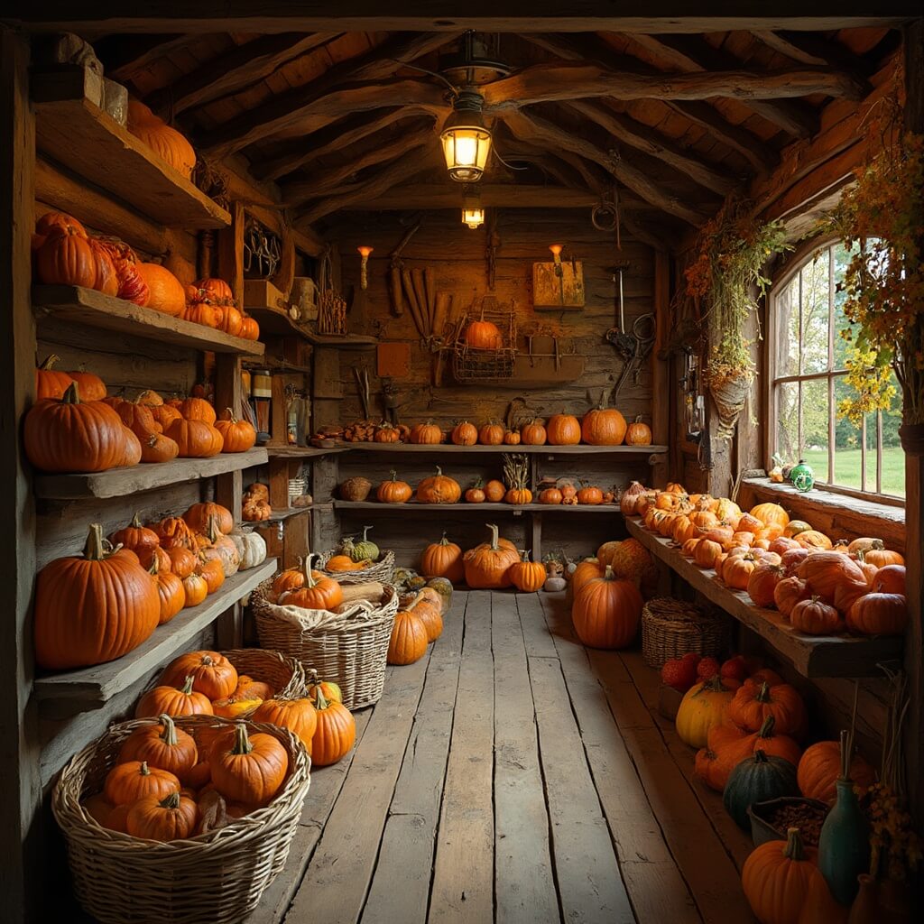 An intimate interior of a traditional Dutch farm shop featuring wooden shelves filled with artfully arranged pumpkins, warm ambient lighting, rustic wooden beams, wicker baskets of gourds, vintage farming tools on the walls, and natural autumn colors across the scene.