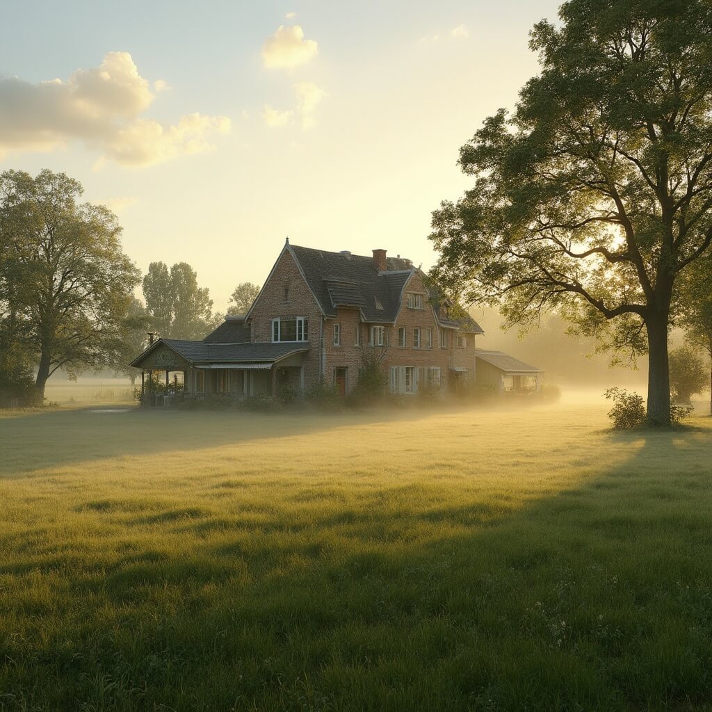 Idyllische Twentse boerderijbed and breakfast tijdens het gouden uur, zacht natuurlijk licht, traditionele Nederlandse architectuur, omgeven door mistige groene weilanden en oude eikenbomen, aquarelachtige zachte randen, vredig plattelandslandschap.