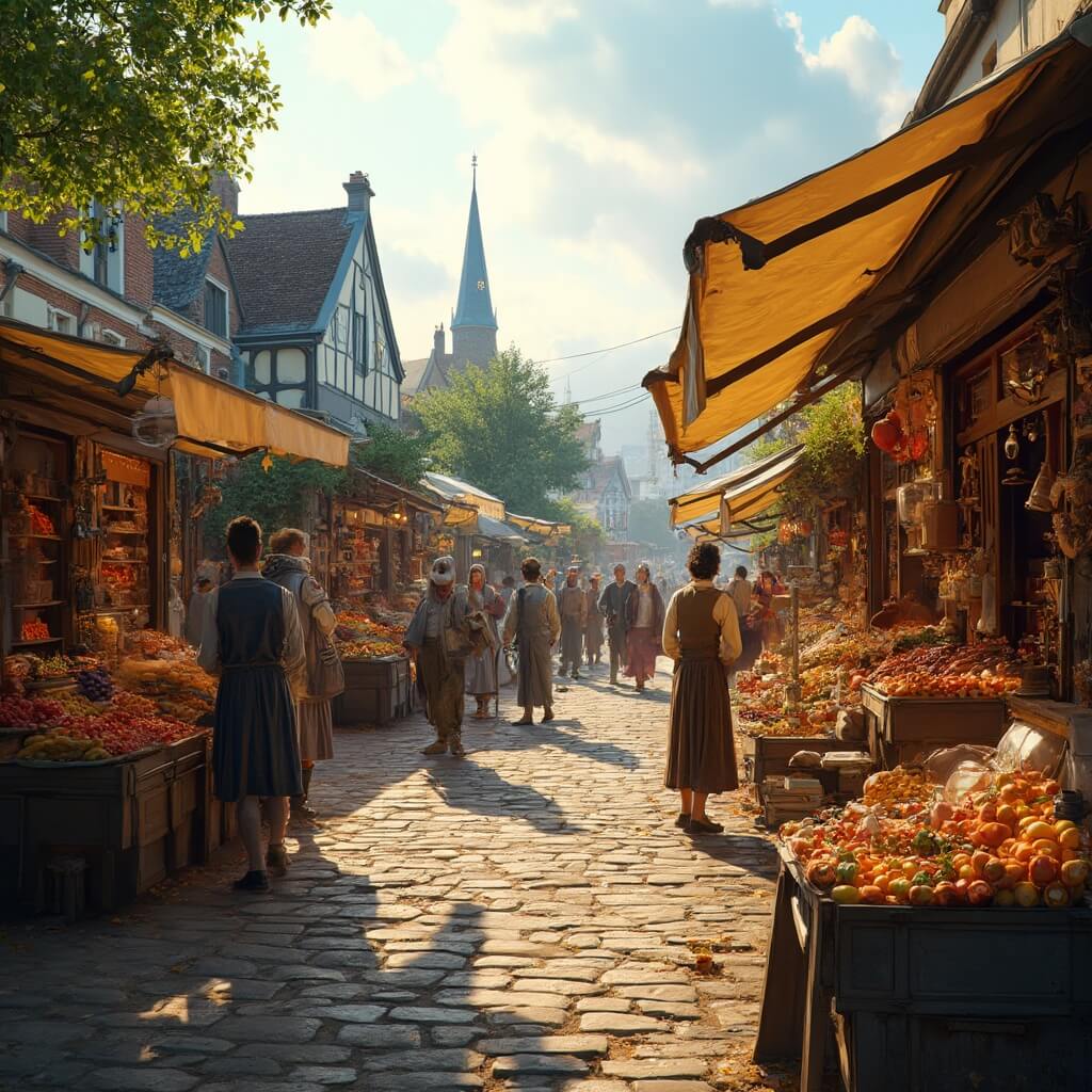 A lively Dutch market square in summer, featuring cobblestone streets filled with wooden stalls showcasing colorful produce and crafts, surrounded by historic buildings with traditional architecture, all bathed in warm golden hour sunlight, while farmers in regional dress demonstrate traditional crafts.