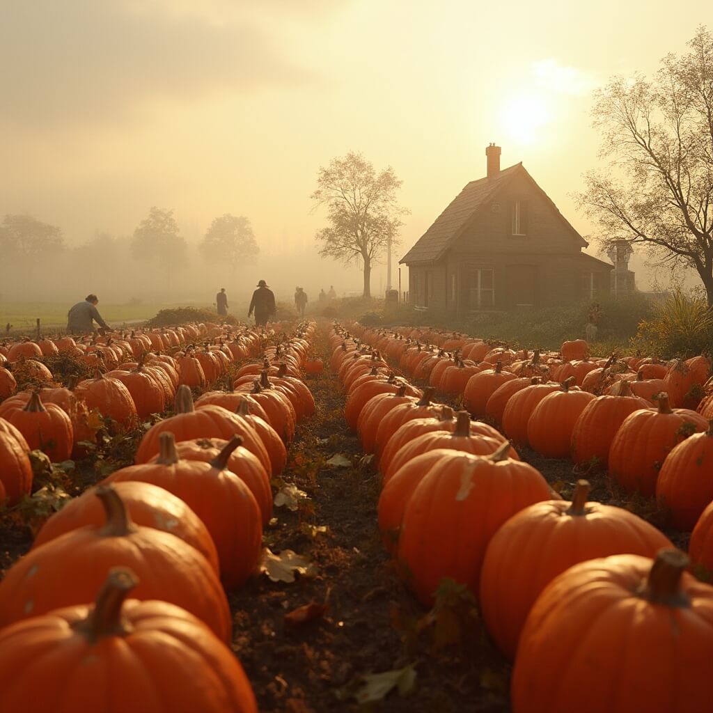 Panoramisch uitzicht op een duurzame pompoenenboerderij in Andijk, Nederland, met gouden herfstlicht, rijen levendige oranje pompoenen, traditionele Nederlandse boerderij op de achtergrond, mistig plattelandslandschap, gedetailleerde agrarische scène met arbeiders die oogsten, zachte aardetinten, hyperrealistische fotografiestijl.